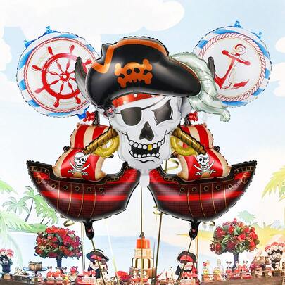 6件套海盗主题气球套装，包含海盗帽气球、海盗船气球、骷髅海盗头气球、双面舵气球，适合海盗主题生日派对、海洋主题生日装饰、冒险主题派对、派对装饰、生日派对等。