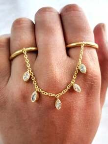 1枚时尚铜合金锆石镶嵌戒指，配流苏链，女士饰品，适合婚礼、派对等场合，也是婚礼季的理想礼物 - 金色 - 查看 6