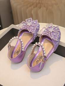 1 Pair Children's Sandals In Small/Medium/Large, Rhinestone, Pearl, Bow Decor, Gritty PU Patchwork Round Toe, Girls Flat Sandals Suitable For Daily Wear, Dance, Outdoor, Festivals, Parties, Glitter Decorated Open Toe Princess Shoes, Suitable For Spring/Summer/Autumn - Purple - View 5
