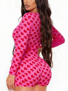 Womens Romper Shorts Slim Fit Love Heart Print V Neck Long Sleeve Jumpsuit For Valentines Day And Daily Life - Màu Hồng Tươi - Xem 4