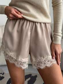 Satin Silk Boxers Shorts For Women Y2k Lace Trim Micro Mini Pajama Shorts French Knickers Low Rise Coquette Lounge Slip Pj Bottoms - Bụi hồng - Xem 1