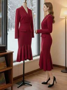 Damen einfarbiges V-Ausschnitt Blazer Kleid mit Fake Tasche und Langarm, figurbetonter Meerjungfrau-Saum, geeignet für Party, Büro, elegant, Kirche, Lässig, Valentinstag, Ramadan, Date Night, Garten, Fotoshooting, Strand, Urlaub, Kombination aus Anzug und Kleid, Burgunderrot, vintage schmeichelhaft, taillierend, vielseitig - Rot - Übersicht 4