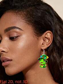 2件装亚克力扁平2D四叶草青蛙吊坠耳环，圣帕特里克节饰品，适合日常佩戴和派对场合 - 三葉草青蛙 - 查看 2