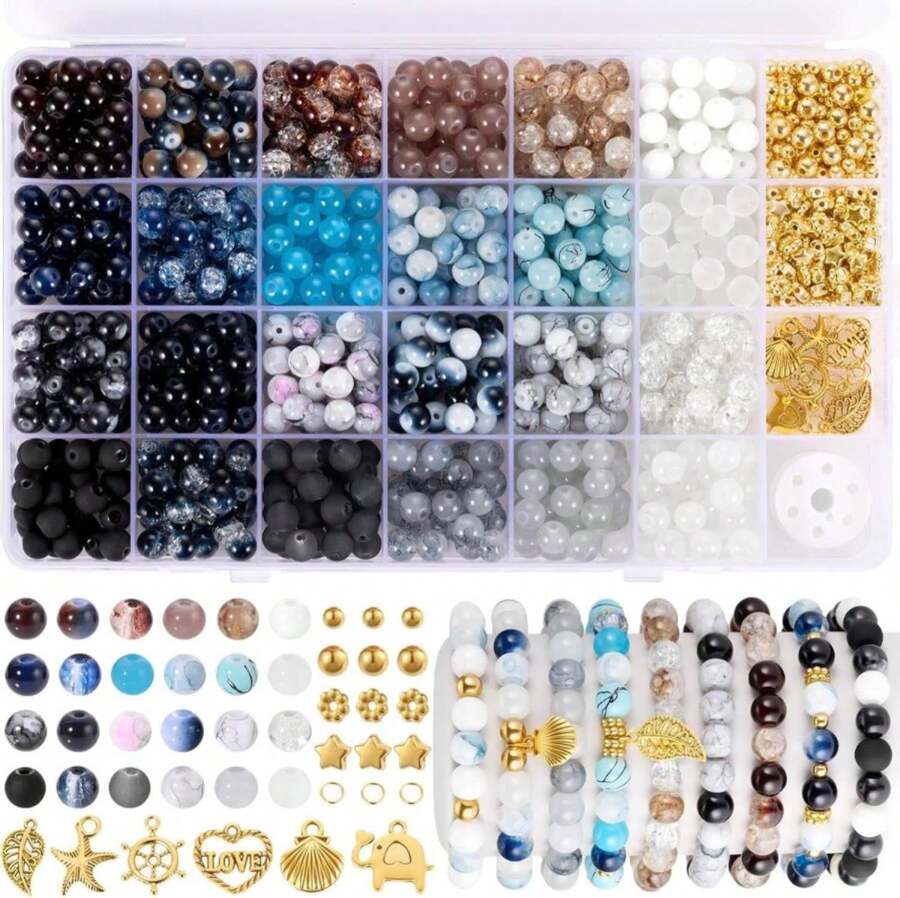 Funtopia 8mm Glass Beads, Neutral Colors Round Marble Loose Beads For Men Women, Jewelry Making Supplies With Spacer Bead And Charms, DIY Bracelets Earrings Necklaces Crafts (24 Colors) - ColorH - 查看 1
