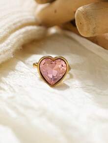 1pc Multi-Color Sparkling Heart Zirconia Stainless Steel Gold Adjustable Ring, Suitable For Girls' Everyday Wear And Parties, Exquisite And Simple Jewelry Gift. - Gold - View 12