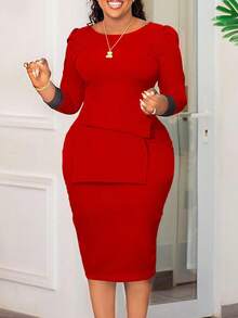 NOU 女士中长直筒袖连衣裙，优雅舒适，撞色袖口设计，适合职场、日常穿着，收腰设计，修身剪裁，不对称前片设计，弹力面料，舒适便捷，女士中长连衣裙，撞色设计，优雅别致，编织假口袋，女士中长连衣裙，适合职场、休闲日常、约会、办公室、春秋季等各种场合。 - 紅色 - 查看 3