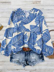 Women's Casual Comfortable Bamboo Knot Print Patchwork Long Sleeve Blouse Spring Vacation - Blue - View 1