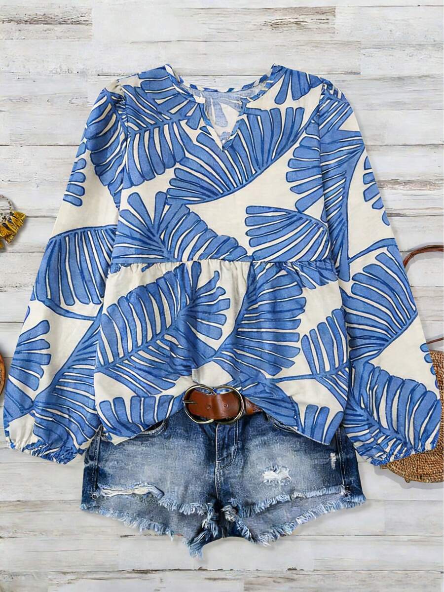 Women's Casual Comfortable Bamboo Knot Print Patchwork Long Sleeve Blouse Spring Vacation - Blue - View 1