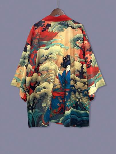 日式和服开衫，简约复古印花，宽松版型，男女皆宜的春夏轻薄外套，休闲街头风，海滩旅行，节日服装