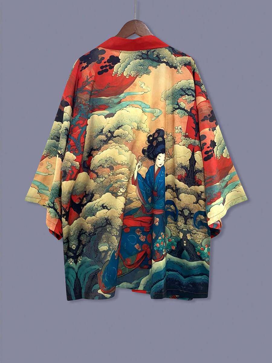 日式和服开衫，简约复古印花，宽松版型，男女皆宜的春夏轻薄外套，休闲街头风，海滩旅行，节日服装