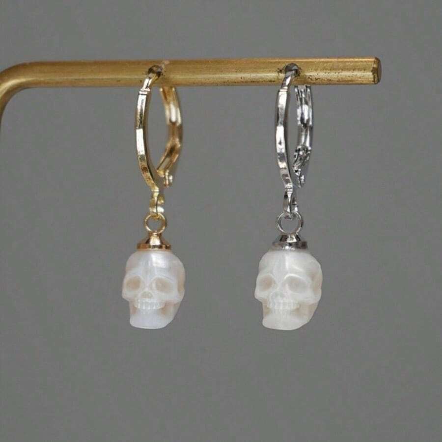 3D Skull Earrings, Gold And Silver Hoop Earrings, Necklace, Hand-Carved Resin Skull Pendant Earrings, Skull Necklace, Punk Gothic Vintage Simple Personalized Jewelry For Men And Women - Necklace - 查看 1