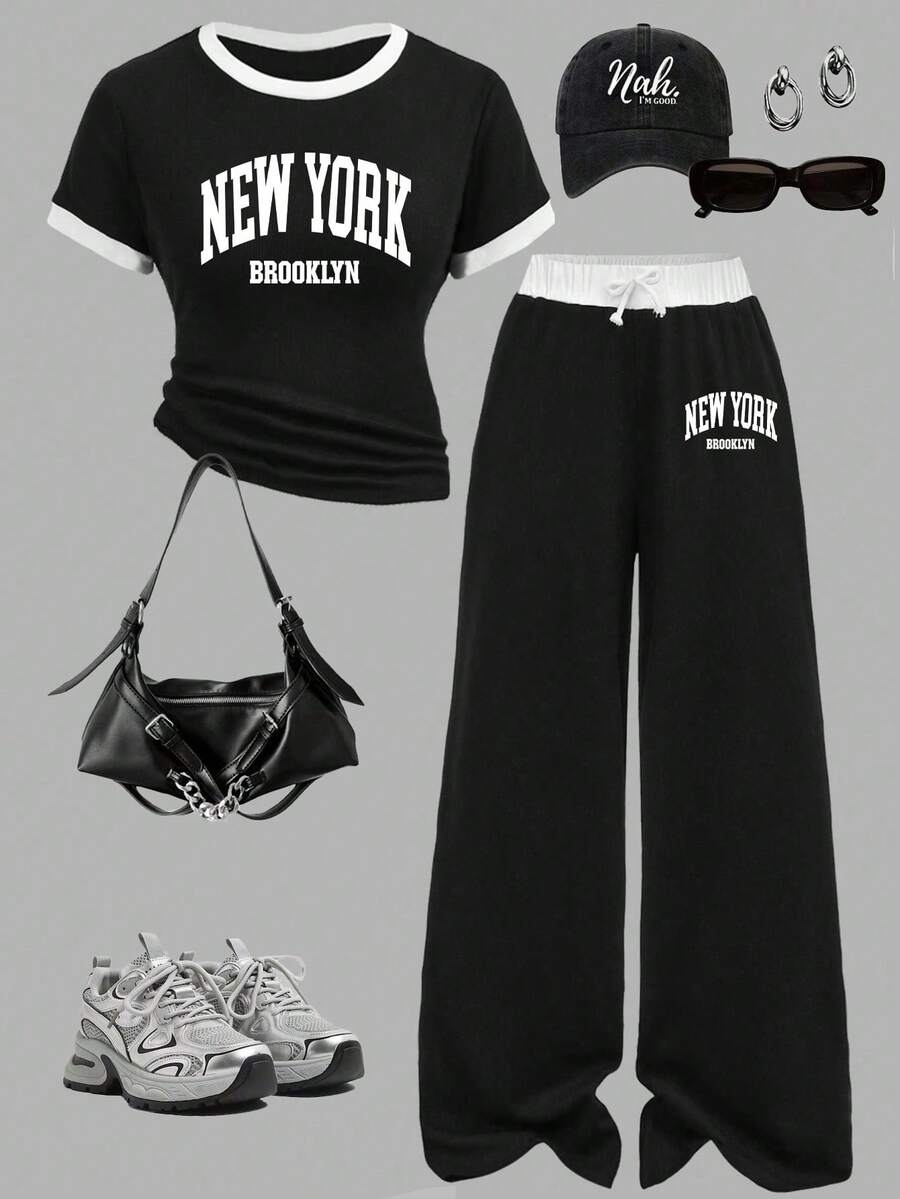Youth Girl Letter Print Short Sleeve Top And Pants Set - Black - View 1