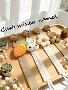 Clips personalizados para chupetes de bebé, juguetes de dentición, diseños de correas de tela - Flor, Zanahoria, Conejo, Clips para chupetes - Multicolor - Ver 1