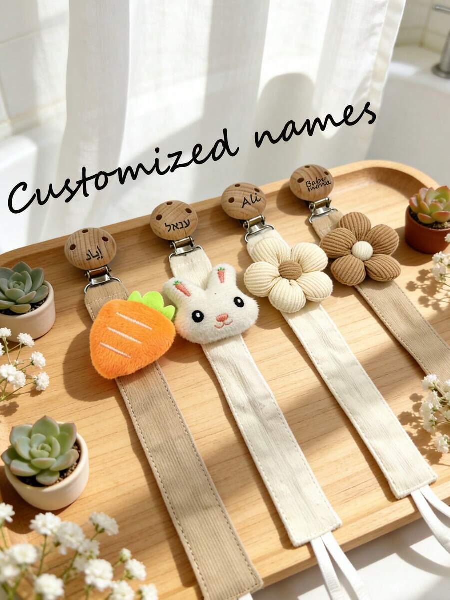 Clips personalizados para chupetes de bebé, juguetes de dentición, diseños de correas de tela - Flor, Zanahoria, Conejo, Clips para chupetes - Multicolor - Ver 1