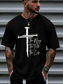 Men's Christian Faith Graphic T-Shirt - The Way The Truth The Life Cross Design, % Cotton Breathable Regular Short Sleeve T-Shirt, Suitable For Spring Summer Casual And Outdoor Wear, Religious Theme Clothing, Casual Wear Bold Graphic T-Shirt Comfortable Style, Christian T-Shirt - Unisex Plus Size Top - màu đen - Xem 1