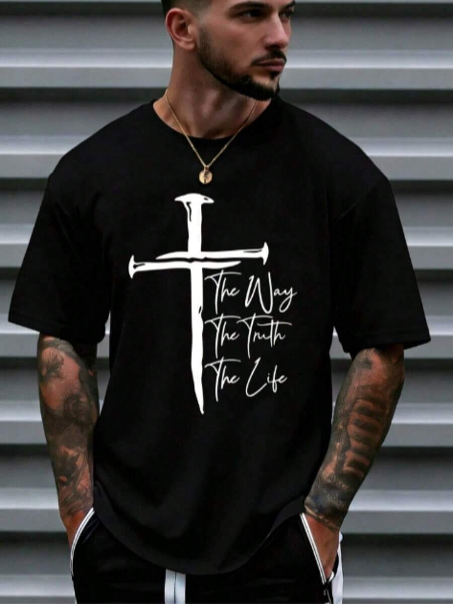 Men's Christian Faith Graphic T-Shirt - The Way The Truth The Life Cross Design, % Cotton Breathable Regular Short Sleeve T-Shirt, Suitable For Spring Summer Casual And Outdoor Wear, Religious Theme Clothing, Casual Wear Bold Graphic T-Shirt Comfortable Style, Christian T-Shirt - Unisex Plus Size Top - màu đen - Xem 1