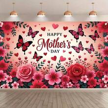 1pc Mother's Day Floral Banner - Roses, Butterflies And Heart Polyester Background, Suitable For Indoor/Outdoor Home, Garden Or Party Decoration, Floral Decor - Multicolor - View 3