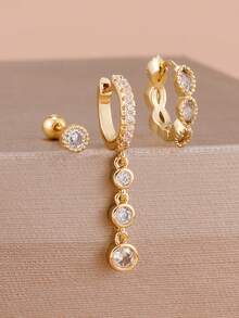 3PCS Fashion White Zirconia 18K Gold Plated Earrings Set For Women Stainless Steel Chain Round Tassel Pendant Earrings Luxury Jewelry - 3Pcs for One Ear - View 1