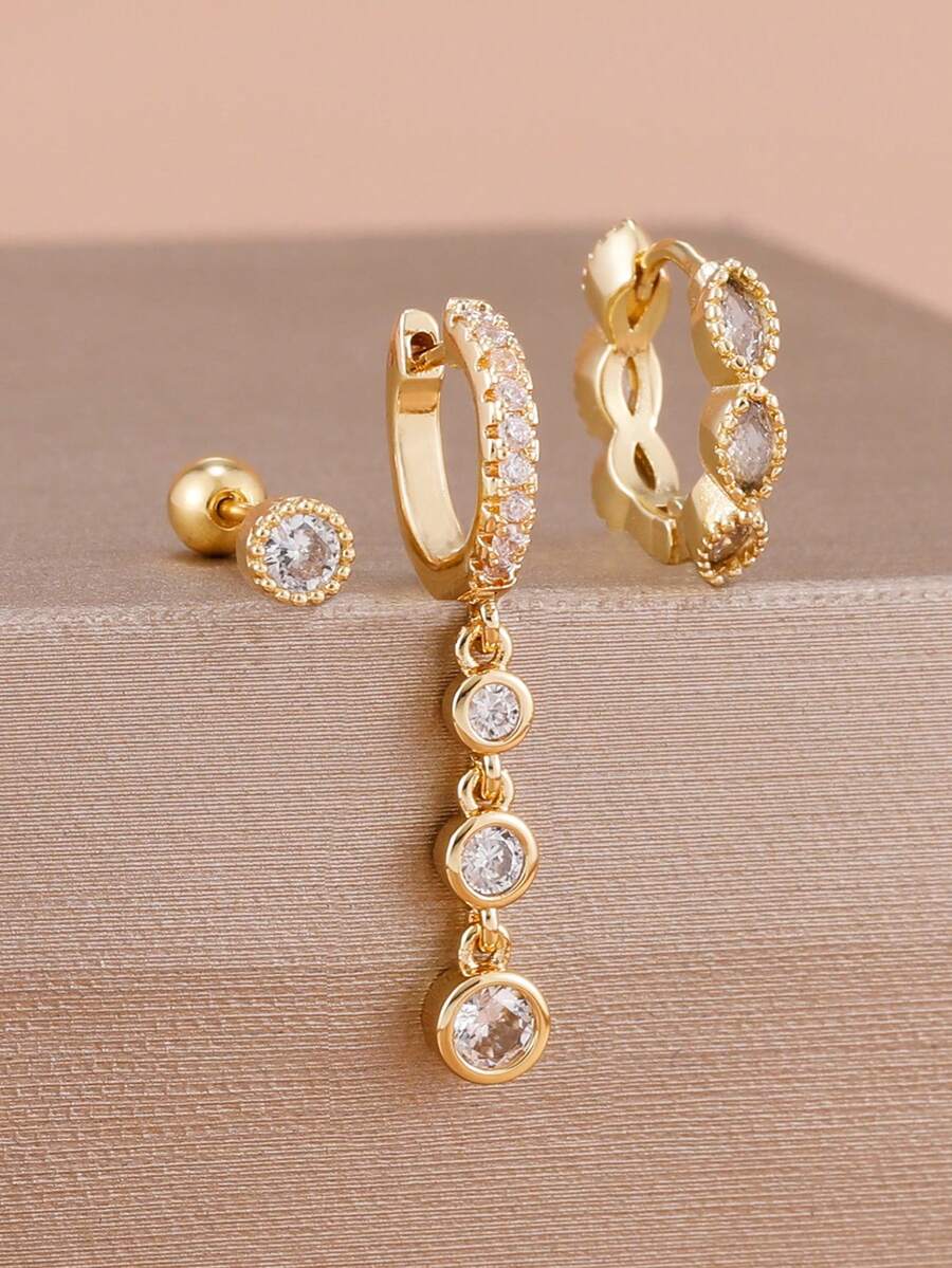 3PCS Fashion White Zirconia 18K Gold Plated Earrings Set For Women Stainless Steel Chain Round Tassel Pendant Earrings Luxury Jewelry - 3Pcs for One Ear - View 1