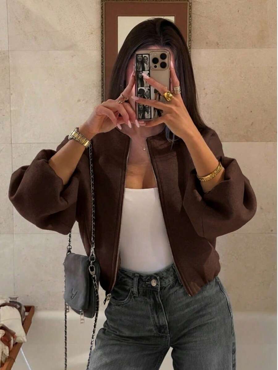 Women Solid Color Zip-Up Short Jacket With Pockets, Casual Long Sleeve Soft Bomber Jacket, Versatile Minimalist Design For Autumn/Winter Spring - Brown - View 1