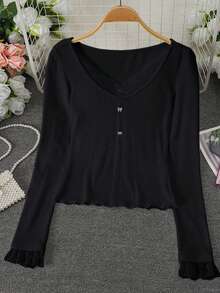 女士秋冬甜美蕾丝多功能长袖修身V领打底衫，黑色 - 黑色 - 查看 6