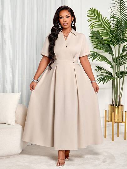BIUBIU Plus Size Women's Collared Short Sleeve Waist Cinched A-Line Dress, Suitable For Outings, Vacations, Holidays And Travel, Elegant Khaki Robe, Dignified And Proper