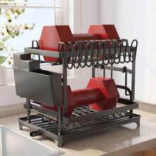 [Kitchen Storage Rack] Large-Capacity Double-Layer Carbon Kitchen Storage Rack With Drainage, Lockable Metal Tableware Stand For Bowls, Cups, Cutting Boards - No Assembly Required, Kitchen Organizers And Storage - Double-layer Black Dish Rack With Knife Holder and Cup Holder - View 7