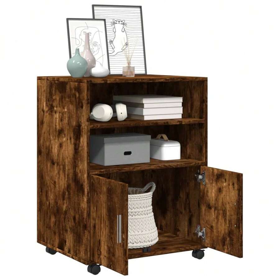 vidaXL Armoire à roulettes chêne fumé 60x48x81 cm ingénierie du bois - Tabac - Voir 1