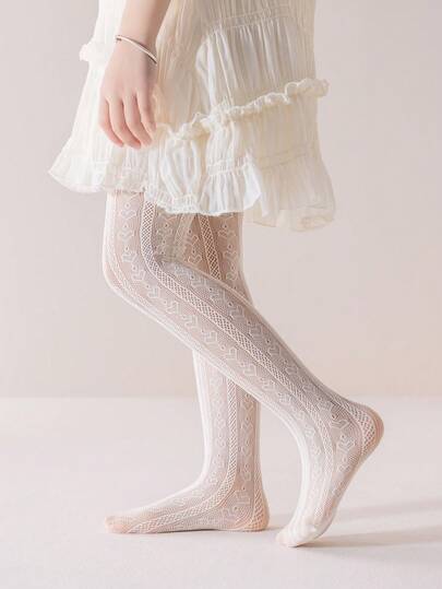 1 pieza Medias finas y transpirables para niños, con diseño de corazón hueco lindo, personalizadas con estilo, cómodas, anti-enganches, suaves y con malla amigable con la piel, adecuadas para salidas, presentaciones escolares, fiestas de cumpleaños, combinación diaria con faldas, primavera/verano