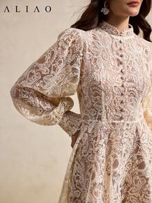 Aliao Elegant Paisley Embroidered See-Through Bubble-Sleeve Dress, Modest Dresses For Women, Old Money Style, Skirt For Ladies, Prom Party Dress, Homecoming Dress, Court Style, New Year, Valentine's Day Outfit, Elegant Ladies, Beach Outfit, Thanksgiving Outfit, Graduation - Apricot - View 2