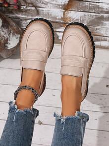 New Women Thick Sole Loafers, Minimalist Fashion Slip-On Casual Shoes, All Season - Beige - View 3