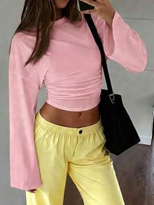 New Stylish Solid Color Ruffle Trim Elegant Long Sleeve Round Neck Blouse, Suitable For Vacation, Date, School, Travel, And Daily Wear Pink Spring - Pink - View 5