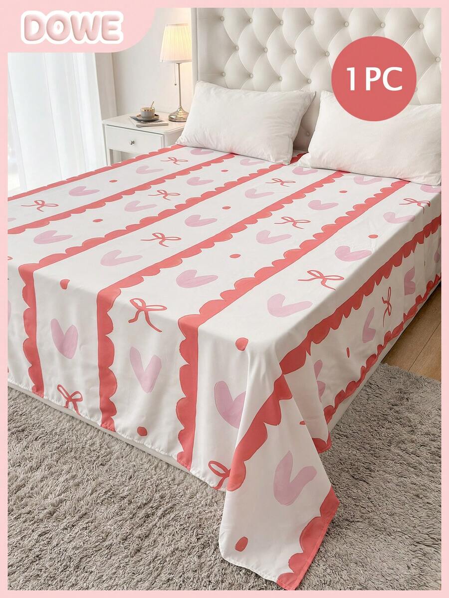 1 bộ ga trải giường bằng vải polyester nhẹ 100%, họa tiết trái tim sọc hồng lãng mạn và nơ, thoáng khí, chủ đề tình yêu, trang trí phòng ngủ dễ thương, phù hợp cho người lớn và thanh thiếu niên.