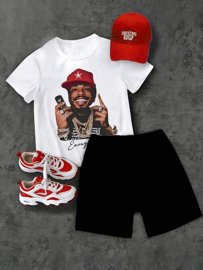 Toddler Cartoon Print Short Sleeve T-Shirt And Shorts Summer Outfit