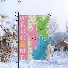 Osterfeier Gartenflagge - 12x18 Zoll, Frühlings- & Sommer-Outdoor-Willkommensdekoration mit Blumen, Hasen und Eiern Design, Polyester, ohne Strombedarf - Verschiedenfarbig - Übersicht 2