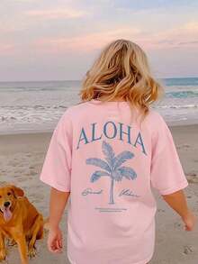 2026 Summer Shirts Women's New Palm Tree Slogan Print Casual Round Neck Short Sleeve T-Shirt, Fashionable Resort Style, Your Daily Essential Item. Gr - 粉色 - 查看 7