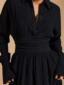 Women's Textured Pleated Flare Sleeve Casual Solid Color Shirt Dress - Black - View 10