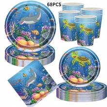 68件套海底世界主题生日派对餐具套装，包括餐盘、餐巾纸和杯子。这款海洋动物主题派对餐具套装适用于各种主题生日派对、活动和派对用品，也适用于圣诞节、新年和情人节等节日和派对场合。 - 彩色 - 查看 12