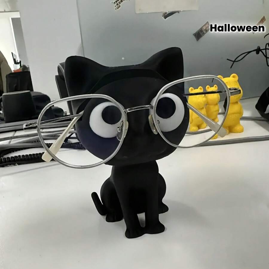 1个3D打印猫咪眼镜架 - 可爱塑料桌面收纳盒，带眼镜支架，家居装饰及节日礼物，适用于复活节、情人节、办公用品、家居收纳 - 黑色 - 查看 1