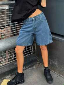 女士高腰百搭牛仔短裤，复古水洗，宽松版型，及膝休闲复古风牛仔短裤，夏季时尚 - 中等水洗藍 - 查看 1