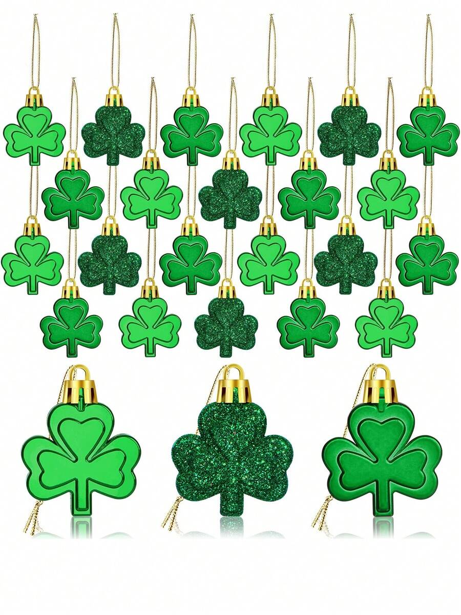 24件圣帕特里克节三叶草装饰品，闪亮幸运四叶草挂饰，爱尔兰绿三叶草吊坠，适用于家居、圣诞树、派对装饰、迷你树挂饰、绿三叶草装饰，可摆放在桌面、架子上，是节日派对礼物的理想之选。 - 綠色 - 查看 1