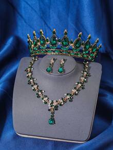 4 Stücke Luxus Königin Krone Halskette Ohrringe Haarschmuck Set, Braut Hochzeit Haarschmuck, Damen Formelle Veranstaltung Party Tiara Haar Schmuck - mehrfarbig - Übersicht 20