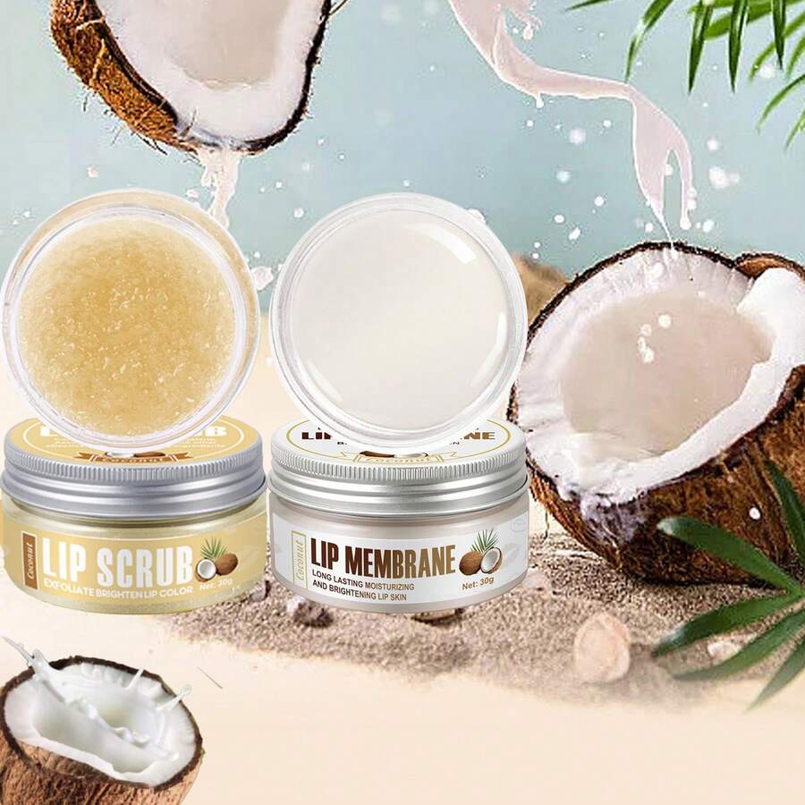 2pcs/Set Coconut Oil Lip Scrub 30g Lip Mask 30g Care Set Moisturizing Gloss Suitable For Dry And Cracked Lips, Cleansing Skin, Caring For Lips - 2pcs椰子唇部護理套裝 - 查看 1