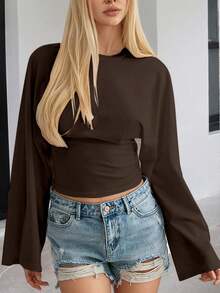 舒适女士针织圆领长袖T恤，略带弹性，棕色上衣，适合春夏穿着，情人节休闲款 - 棕色 - 查看 3