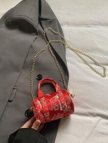 Chinese Style Kids Sling Bag, Silk Fabric, Auspicious Flower Decor, Super Cute Mini Backpack, Suitable For 3 Years Old And Above, Can Be Carried By Hand - Red - View 5