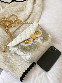 Stylish Leather Chain Shoulder Bag With Faux Diamond And Pearl Tassel Embellishments, Quilted Flap Crossbody Square Bag, Featuring Personalized Dinner Bag-Style Metal Hardware With An Owl Pattern. - White - View 6