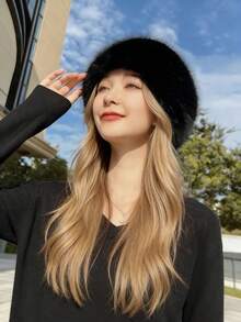 1pc Faux Fur Flat Top Hat, Fluffy Bucket Hat, Thick Warm Ear Protection Round Top Beanie