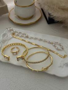 1pc 14K Gold Plated Fashionable Luxury Micro-Inlaid Stacking Bracelet, Unique Design, European & American Style, Multi-Layer Metal Women Bracelet - Multicolor - View 7