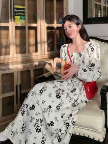 Vestido largo bordado floral para mujer, manga larga, cuello cuadrado, vestido bohemio con bolsillos, vestido de otoño fruncido - Blanco Negro - Ver 5