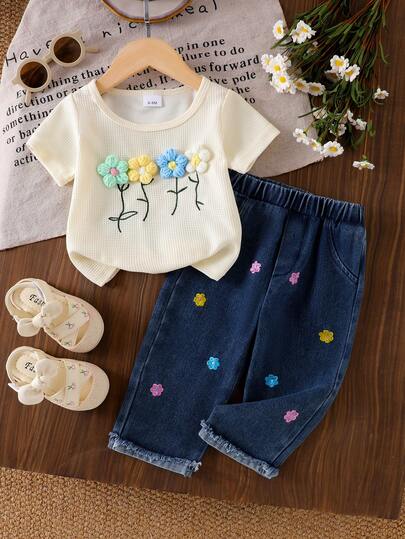 2pcs Baby Girl Bohemian Style Colorful Floral 3D Embroidery Round Neck Long Sleeve T-Shirt Top And Floral Embroidered Denim Pants Set